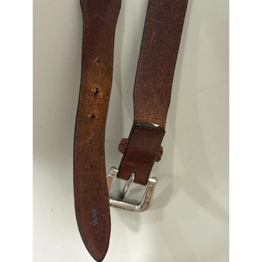 Vintage Men Brown Leather Belt 40 Braided Accent Western Dress Silver Buckle